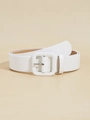 Detail of a white minimalist women's leather belt with a matching square leather buckle - White