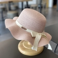 Pink straw sun hat for girls with bow ribbon and wavy brim on a wooden stand - 52CM (2-5 Years Old) / Dusty Pink (Hat)