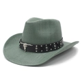 Sage green woven western cowboy hat with studded leather band and steer head emblem - M(56-58cm) / Grey Green