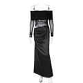 Detail view of black off-shoulder dress with mesh sleeves and high slit on a ghost mannequin - S / Black