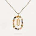 Collana in argento 925 oro 18k con gemma ovale e ciondolo con la lettera U - Collana con lettera U in pietre preziose multicolori / Argento 925 / 50cm (40+5+5cm)