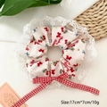 Floral scrunchie with star lace trim and red plaid bow, 17x7cm hair accessory - 28# Strawberry Rabbit Lace