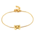 Gold stainless steel link bracelet featuring a sparkling diamond-encrusted letter E pendant - Letter E Style (KB117686-KLB)