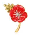 Close-up of red enamel poppy brooch with gold trim and sparkling crystal rhinestones - Style AL-13