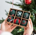 Red and green wool felt Christmas balls with hand-embroidered snowflake patterns - Dark Green and Red Style (Style E) / 6 Pcs/Set