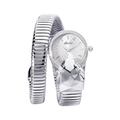 Close-up of silver snake-shaped bracelet watch with crystal bezel and flexible metal band - Silver White
