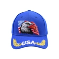 Detalle de gorra azul real con bordado de águila y letras USA en la visera curva - Azul