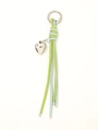 Detail of woven light green and blue leather keychain with silver heart pendant - Green and Blue