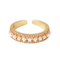 Elegant gold-plated open ring with single row pearls and micro-pave crystals on white background - Single Pearl Side Zircon Style