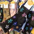 Women's cotton crew socks with colorful embossed floral embroidery and handcrafted edges - Black