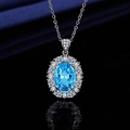 Elegant silver-plated necklace with oval blue gemstone pendant surrounded by white crystals - Aquamarine Diamond Necklace Tz-38