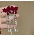 Elegante rode fluwelen strik oorbellen met lange strass kwastjes en imitatieparels - Rode Strik Parel Kwastje (4# Zilveren Pin)