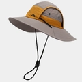 Dettaglio cappello parasole traspirante con fori, contrasto grigio-giallo e cordino regolabile - Grigio e Giallo