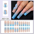 Long ballet press-on nails with blue gradient, 3D flowers and rhinestones decoration - SGCY-322 / Glue Type