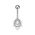 Detailed macro view of silver belly button ring with teardrop zircon and mirror reflection - Hollow Water Drop Style (2947)