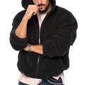 Dettaglio della giacca nera in pile con cappuccio, texture spessa e tasca con zip sulla manica - M / Nero