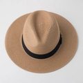 Classic khaki straw Panama hat with black ribbon, elegant sun protection for beach travel - M (56-58cm) / Khaki