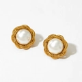French vintage style gold rope-edge pearl stud earrings made of 316 stainless steel - Gold Rope Twist Pearl Earrings D2863