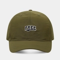 Close-up of olive green baseball cap featuring navy FREE embroidery and double-stitched brim - Adjustable / Army Green