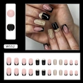 Long square press-on nails with black French tips and glittering champagne gold accents - Sweet Cool Gold Glitter French Style (W552) / 24Pcs/Box (With Glue)