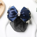 Dark blue satin bow hairnet with gold trim and white flower rhinestone decor - Butterfly Lace Gold Edge Blue - Fine Net