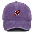 Detailed close-up of premium purple washed cotton baseball cap with rocket embroidery - Adjustable / Purple