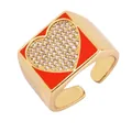Gold plated copper ring with red enamel square top and zircon heart center - Orange - Heart