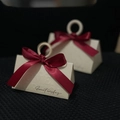 White pyramid wedding favor boxes with red ribbon, wooden rings and Sweet Wishes text - Beige Box+Burgundy Polyester Ribbon / Small Size (do Not Use Wooden Rings)