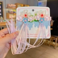 Handmade Chinese style hair clips with pink and blue flowers, pearls and long ribbons - Three Flowers Pink Ribbon