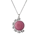 Close-up of pink round gemstone pendant with silver star and moon diamond frame - Pink Stone/Metal Chain