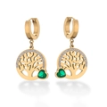 18K gold plated stainless steel tree of life hoop earrings with green heart zircon - Tree of Life / 44316 / Gold / Green Heart Zirconia