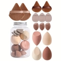 14pcs makeup sponge set with various shapes in a clear jar with silver lid - Hair Styling Tool Set / Brown