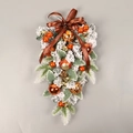 Christmas teardrop swag with orange gold ornaments pine cones and Merry Christmas ribbon - Flocked Painted Ball Swag-Bronze
