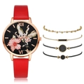 Detail of red flower quartz watch set with four matching bracelets on white background - Bracelet / Red