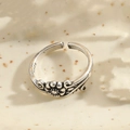 Vintage S925 silver open ring featuring a detailed lotus flower design and antique finish - Leaf Flower Style (JZ0172) / Adjustable Open