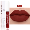 Détail du rouge à lèvres liquide mat n°15 avec boîte et rendu du maquillage des lèvres - 15#