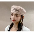 Classic light beige faux leather beret with gold V-shaped chain detail for women - One Size 58cm / Light Pink V Logo Style