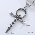 Silver stainless steel Ankh cross pendant with skull details and a sturdy box chain - Ankh Cross Skeleton Style