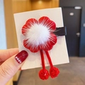 Red velvet flower hair clip with white pom-pom and tassels on white card holder - Style 15: Clover with Fur Ball Clip