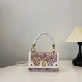 White leather shoulder bag with pink floral jacquard pattern and golden flower clasp - White and Pink