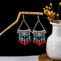 Bohemian ethnic drop earrings with turquoise beads and vintage silver filigree finish - E5874-3 Multicolor Beaded Fan
