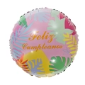 Pink tropical round foil balloon with Feliz Cumpleaños lettering for birthday party - Round Spanish Birthday Monstera