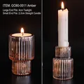 Amber glass dual-use candle holder with vertical stripes for pillar or tea light - G080-0011 Amber / Dual-End (4cm Tealight/2.2cm Taper)