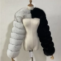 Detail of faux fox fur shrug in black and white patchwork with tiered voluminous sleeves - One Size / Grey and Black