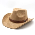 Western suede cowboy hat in camel with ethnic embossed leather band and vintage metal button - M (56-59cm) / Camel (Suede)