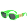 Neon green small frame sunglasses with dark grey lenses and gold metal medallion - Green Frame Grey Lens