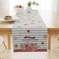 Christmas linen table runner with red mug illustration and grey striped pattern - Grey Stripe Hot Chocolate (ZQ26-17)