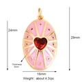 Copper heart pendant with red stone and pink enamel rays in a golden finish - Pink-Oval Heart Radial Pattern