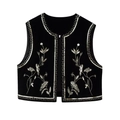Detail of intricate floral embroidery and sequins on black velvet ethnic vest - XS / Black