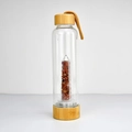 Bamboo lid glass water bottle with internal central column filled with red crystal chips - Red